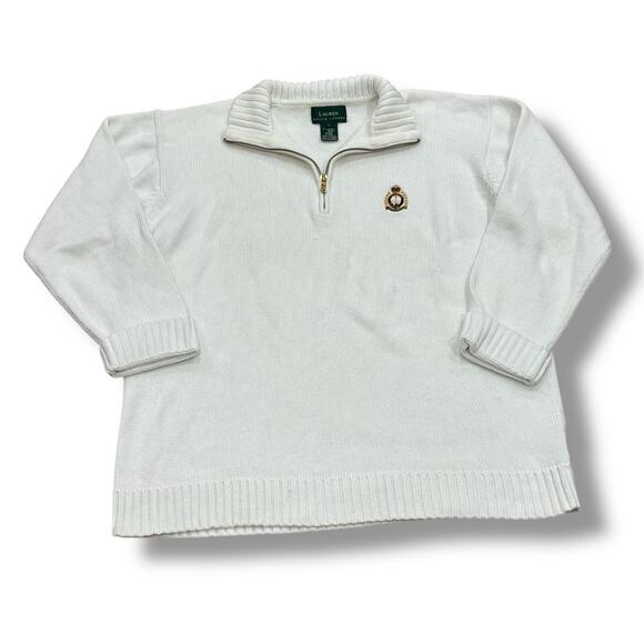 Ralph Lauren Women’s Size L Ivory Crest Embroidered 1/4 Zip 100% Cotton Sweater - Picture 1 of 7